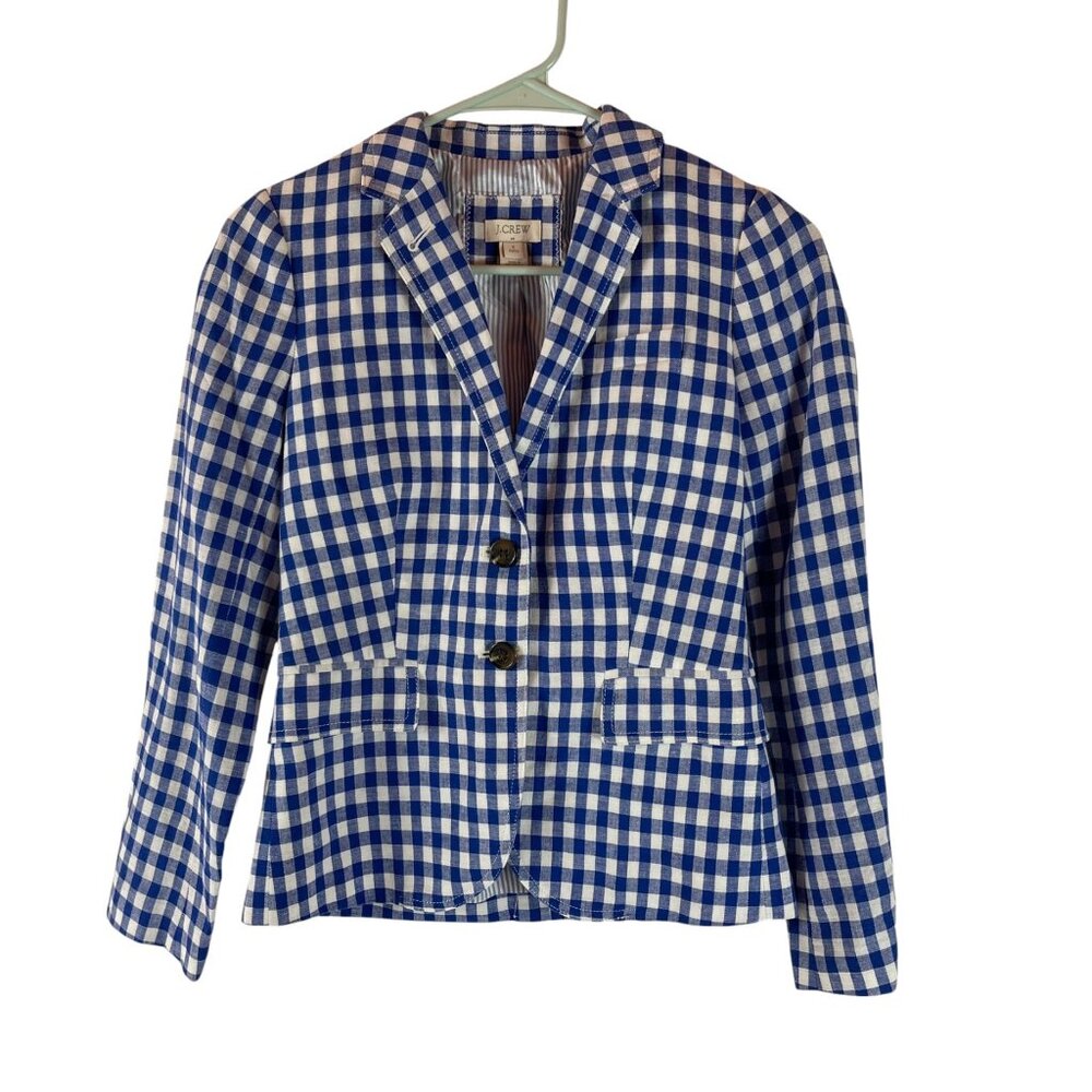 J‎ Crew Linen Blue Plaid Checks Blazer Jacket Womens Sz 0 Petite Career Office